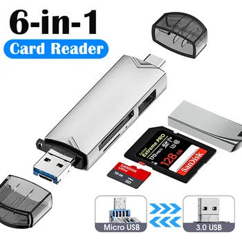6 ב 1 OTG קורא כרטיסי USB 3.0 להקליד C Micro USB מתאם כונן הבזק חכם, קורא כרטיסי זיכרון TF מצלמה Mini SD Cardreader