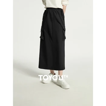 Toyouth נשים חצאית 2023 סתיו אלסטי המותניים א-בצורת חופשי כיס עיצוב פיצול שולי אופנה שחור, ירוק צבא החצאית הארוכה