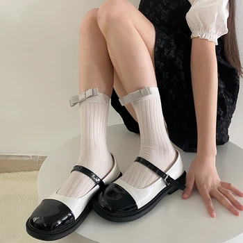 צבע מלא שחור לבן גרביים נשים אופנה קוריאנית Harajuku אופנת רחוב הצוות גרביים JK יפנית לוליטה Kawaii Bowknot חמוד גרביים