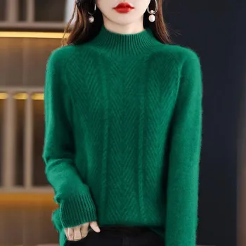 סתיו חורף נשים צמר קצר סוודר חצי צוואר גבוה אלגנטי אופנה סוודר חם 2023 נקבה עבה מקרית Slim Pullovers