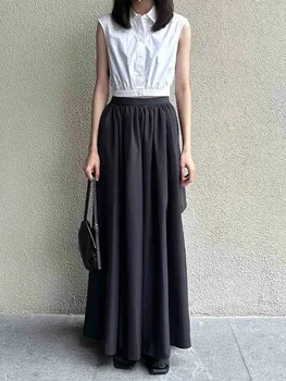 קפלים נשים שחור Midi חצאית אלסטי המותניים מזדמן 2023 קיץ גבירותיי לראשונה חצאית עם גדול בכיס