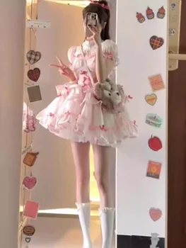 הקיץ חדש מקורי Harajuku ורוד קשת קלע להתלבש חם נערת אופנה טמפרמנט לוליטה המתוקה Kawaii תחרת שחבור שמלה