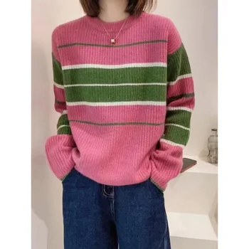 אופנה של נשים סוודר 2023 חדשה סתיו חורף סיבוב לא ארוך שרוולי סריגים מקסימום קוריאנית פס צבע blo חופשי Pullovers