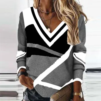 יוממות למשרד נשים סוודרים Pullovers Fahsion גיאומטריות הדפסה V-צוואר שרוול ארוך Pullovers אלגנטי סיבתי רופף בגדים ליידי