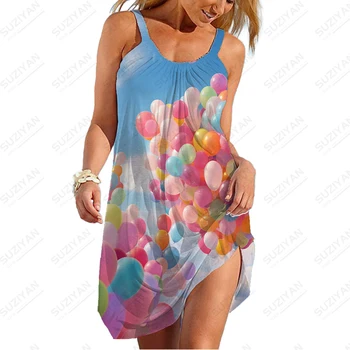 נשים רופף מזדמן מנופחים שמלה צבעונית בלון מודפס 3D ספגטי רצועת שמלת קיץ חיצונית אופנה להתלבש נוח.