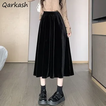 אלגנטי חצאיות נשים חדשה סתיו חורף רופף גבוהה המותניים אופנה קו עם קפלים מוצק סגנון קוריאני כל משחק אופנת רחוב מזדמנים