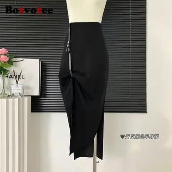 Botvotee חצאית שחורה לנשים 2023 חדש אופנה וינטג סימטרית פיצול רב-תכליתי ארוך חצאית קיץ רופף גבוה מותן חצאית