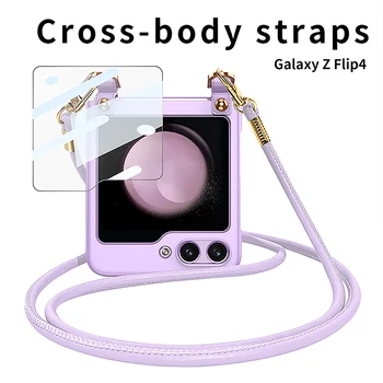 Crossbody מראה הסרט טלפון Case for Samsung Galaxy Z Flip 5 4 3 Flip3 Flip4 Flip5 5G Electroplated קליפה קשה Shockproof כיסוי