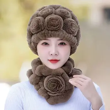 נשים חורף באמת רקס פרווה ארנב כובע צעיף להגדיר ארוגים ביד חמה מעובה 2023 חדש עם פרח