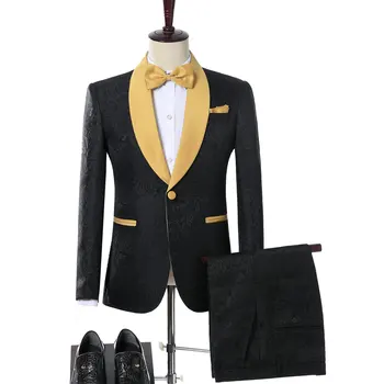2023 רשמית חליפות גברים עם מכנסיים שחורים אקארד חליפת גברים החתונה החתן חליפות זהב הצעיף דש Slim Fit חליפת שושבין