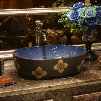 פנינה פרח אמנות שולחן כיור קרמיקה רטרו כיור אובלי בין-פלטפורמה אגן בסגנון סיני הבמה הכיור
