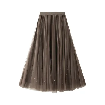 סתיו באיכות גבוהה ללבוש נשים כפול הפנים קפלים החצאית גדול להניף את החצאית מסמר חרוז רשת חצאית קוריאנית קו החצאית