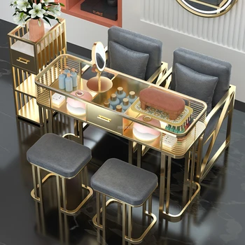 יוקרה איטלקית זכוכית מסמר שולחנות זהב עם מגירה מניקור שולחנות סלון מודרני ריהוט סלון יופי שולחן כיסא להגדיר