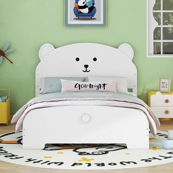 גודל מלא פלטפורמה עץ למיטה עם דוב בצורת ראש מיטה, מיטת נוער, מיטה זוגית, ילד מיטות, עריסות, מיטות יחיד