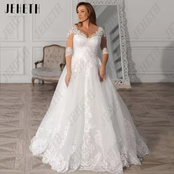 JEHETH אלגנטיות בתוספת גודל שמלות חתונה 3/4 שרוולים V-צוואר אפליקציה קלאסי שמלות כלה קו A טול Oversize vestidos דה נוביה