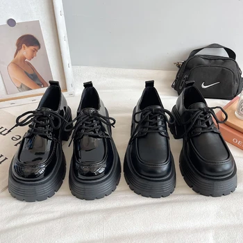 פטנט עור פלטפורמת נעלי נשים 2023 אביזרי סגנון תחרה עד נעלי אוקספורד אישה שחורה עבה תחתונה נעליים נשיות