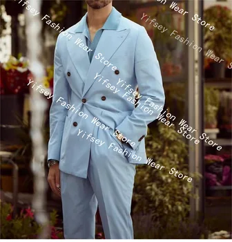 אור כחול אלגנטי, סט בגדים של מעצב חליפה עבור החבר Slim Fit החליפה את המכנסיים תלבושת מותאמת טקס חתונה להתלבש