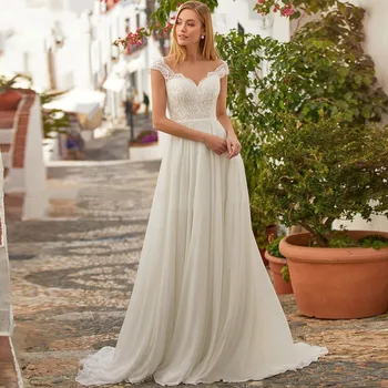 תחרה אפליקציה שיפון בוהו שיק שמלות חתונה קו רומנטית מתוקה הצוואר חוף שמלת הכלה Vestidos דה נוביה