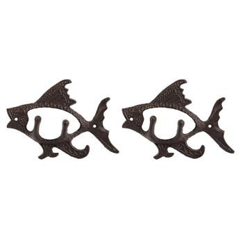 2X דגים עם שני ווים האוקיינוס סדרה ברזל יצוק קיר קרס על הקיר מגבת קולב הוק על הכובע, מפתח, מעילים