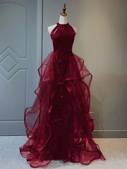 בורגנדי נצנצים רשת טלאים שמלת ערב סקסית מחוך סטרפלס נגרר שמלת מסיבת חתונה אלגנטית הרשמית שמלות לנשף