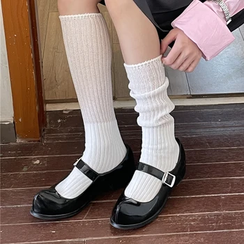 סתיו חורף תרמית יפנית ילדה בבית הספר צוות גרבי נשים לבן שחור כותנה סריגה דחיסה גבוה הברך גרביים ארוכות