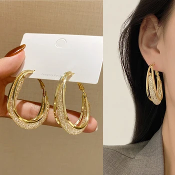קוריאה צבע זהב רשת מתכת קריסטל עגילי חישוק נשים, תכשיטי אופנה 2023 יוקרה חדש גיאומטריות רשת מעגל גדול Earings פאטאל