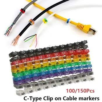 100/150Pcs חוט צבעוני עמיד למים רשת מספר תג C-סוג תג תיבת כבלים תוויות סיבים המארגנים זיהוי סימן