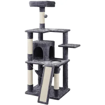 Easyfashion 60.5-אינץ גבוה חתול עץ חתול מגדל עם הדירה, חתול בית העץ מגדל חתול