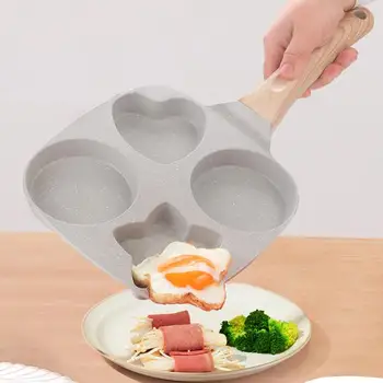 טפלון ביצים פן מיני 4 חור רפואי אבן מחבת נייד ארוחת בוקר ביצה להכנת פנקייק עם ידית עץ כלי מטבח