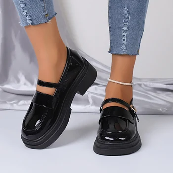 Lucyever שחור פלטפורמת משאבות נשים סתיו חדשים להחליק על האמצעי עקבים משרד העבודה נעלי אישה אופנה אבזם עור Pu נעליים