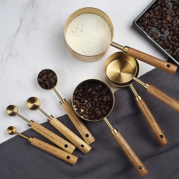 כף מדידה סט ידית עץ נירוסטה כוסות מדידה כפות אפייה כלים קפה ברמנית מידה אביזרים למטבח