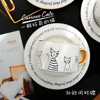 250ml קרמיקה סקנדינבי פשוט, שחור לבן חתול קפה ספלים ותחתיות להגדיר פרח תה תה שחור מושך כוס תוספות הרוח Crea