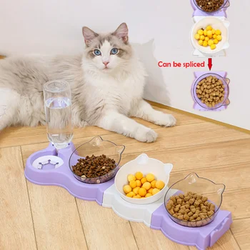 חתול מחמד קערה האוטומטי מזין DIY Multi-in-one החדרת כלבים חתולים קערת אוכל, מזרקת מים לשתות העלה לעמוד צלחת קערות