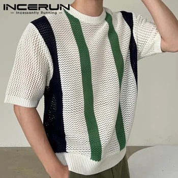 INCERUN מקסימום 2023 קוריאה סגנון אופנה לגברים צבעוני פסים O-צוואר Camiseta מזדמנים זכר חלול קצר שרוול חולצות S-5XL