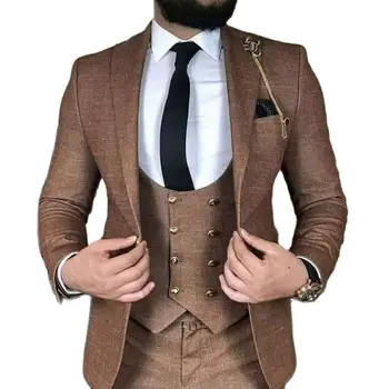 בראון עסקים חליפות גברים Slim Fit האופנה הגברי טוקסידו לחתונה עבור החתן ערב 3 חתיכות מעיל האפוד עם המכנסיים רשמית תחפושת