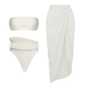 2023 אופנה חדשה לבן כתף אחת קפלים ביקיני סט בגד ים וחצאית קיץ בגדי ים נשים Beachwear בגד ים