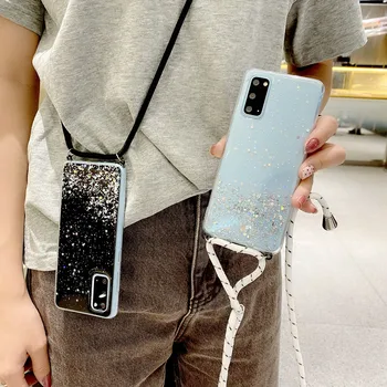 שקוף נצנצים רצועה כבל שרשרת טלפון case For Samsung Galaxy S21Ultra A12 A32 A72 A52 A51 A50 שרשרת שרוך רך caser