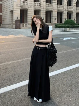 חצאית שחורה נשית 2023 האביב והסתיו הקיץ קוריאנית גבוהה המותניים דק קפלים החצאית חוש עיצוב קו החליפה שמלה ארוכה