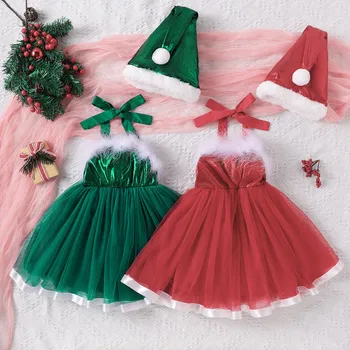 בנות חג המולד להתלבש תינוק תינוק ללא שרוולים Bowknot טול טוטו מסיבת שמלה+כובע סנטה קלאוס, חג המולד תלבושות השנה החדשה 2023 תלבושת