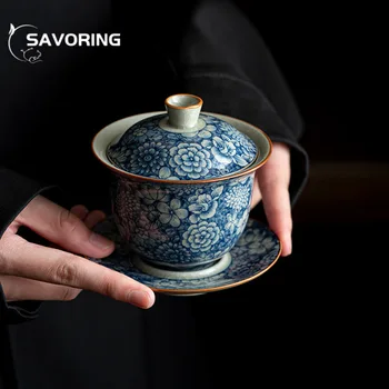 150ml רטרו כחול לבן Sancai Gaiwan בציר כלי חרס בוץ תה Tureen משק בית תה חליטה לכסות את הקערה טקס התה מלאכה