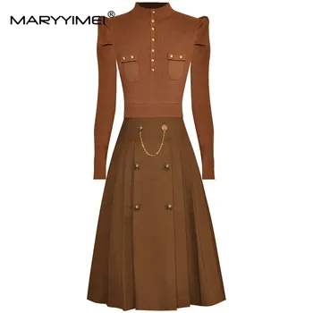 MARYYIMEI אופנה המסלול באביב השמלה נשים לסרוג שרוול ארוך כפול אבזם טלאים משרד ליידי שחור שמלות מזדמנים