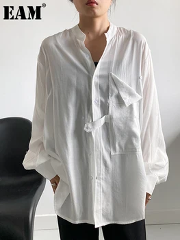 [ידה] נשים לבן סדיר גדול גודל החולצה החדשה לעמוד צווארון שרוול ארוך רופף להתאים חולצה אופנה גאות אביב סתיו 2023 1DH0426