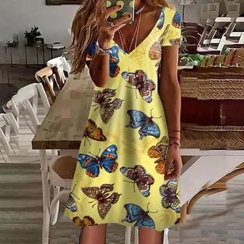 בנות קיץ, שרוול קצר האופנה שמלת צוואר V סווינג גולש נוח השמלה